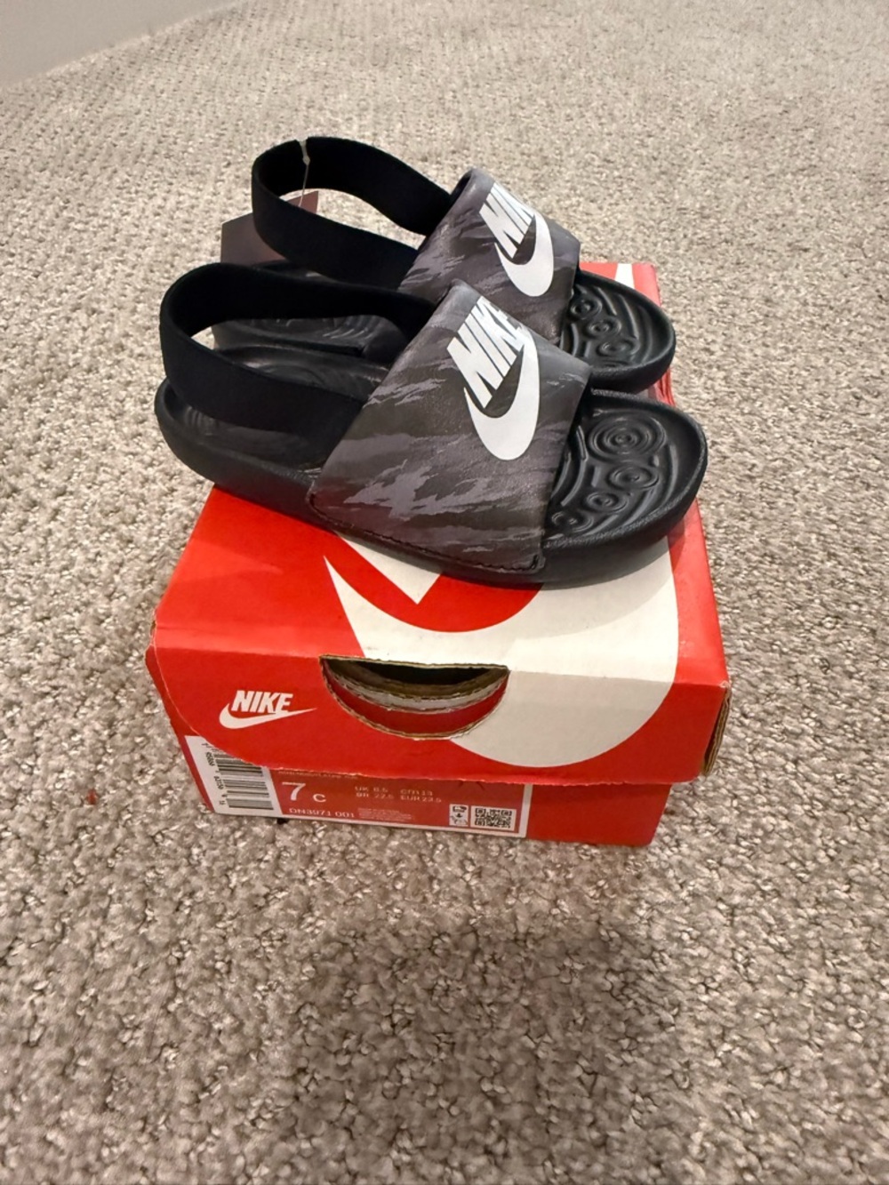 Nike Kids Gray Camo Slide Sandals with White Swoosh